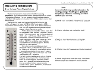 Measuring Temperature 
Cross-Curricular Focus: Physical Science 
The thermometer is the most common tool for measuring 
temperature. Many thermometers use two different temperature scales: 
Fahrenheit and Celsius. You may have wondered how they relate to 
each other. Both scales were invented in the 1700’s and are named after 
their inventors. 
The Fahrenheit scale was invented by Gabriel Fahrenheit. He 
set the boiling point for water at 212º, and the freezing point at 32º. 
Temperatures are measured all along the scale, much like a number line or 
ruler. The unit of measurement for temperature is a 
degree, instead of an inch on a ruler. 
Anders Celsius invented the Celsius scale after 
the Fahrenheit scale. He kept Fahrenheit’s anchor 
points. The anchor points are the temperatures at 
which water would freeze or boil. Celsius however, 
changed the numbers of his temperature scale. 
Under the Celsius scale, water freezes at 0º and 
boils at 100º. This numbering scale has been 
adopted for most scientifi c purposes. It works 
well with the metric system. 
Many thermometers work because liquid 
changes its volume, or the amount of space it takes 
up, based on its temperature. When a liquid is cold, 
it takes up less space than it does when it is warm. 
Many of the changes in temperature are very small. 
Thermometers use a large bulb 
fi led with liquid and a very narrow tube to show the 
changes. The markings on the thermometer are 
based on the freezing point and boiling point of 
water. Why? Because Gabriel Fahrenheit chose 
them as conditions that are easy to recreate. 
Anders Celsius agreed. Sometimes, inventors set 
the standard for everyone. 
Cross-Curricular Reading Comprehension Worksheets: D-35 of 36 
Name: 
Answer the following questions based on the 
reading passage. Don’t forget to go back to 
the passage whenever necessary to fi nd or 
confi rm your answers. 
1) Which scale came fi rst: Fahrenheit or Celsius? 
2) Why do scientists use the Celsius scale? 
3) Why do many thermometers use liquid? 
4) What is the unit of measurement for temperature? 
5) Which temperature would be more comfortable 
for most people: 80º Fahrenheit or 80º Celsius? 
