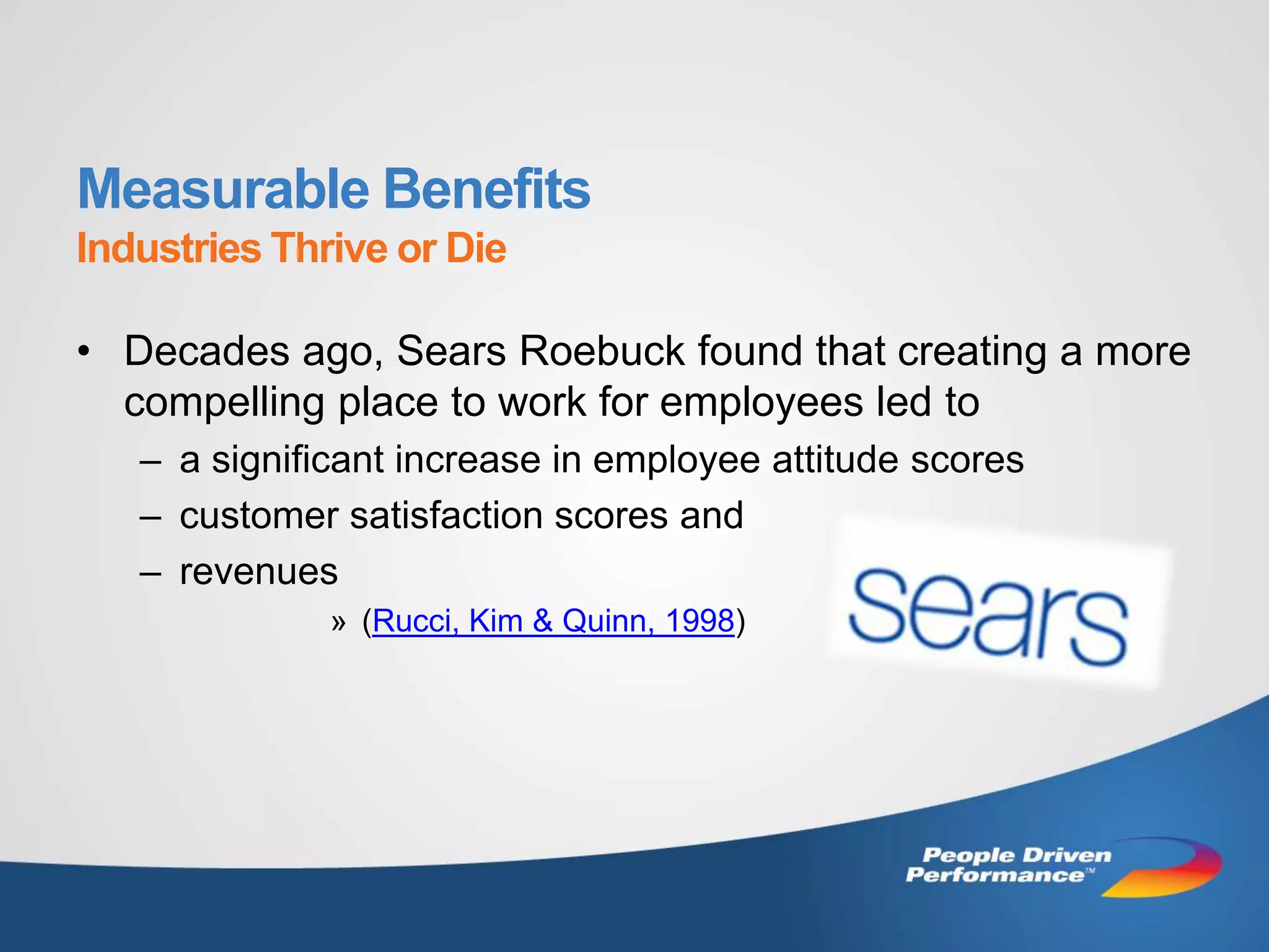 Measurable Benefits
Industries Thrive or Die

• Decades ago, Sears Roebuck found that creating a more
  compelling place to work for employees led to
   – a significant increase in employee attitude scores
   – customer satisfaction scores and
   – revenues
              » (Rucci, Kim & Quinn, 1998)
 