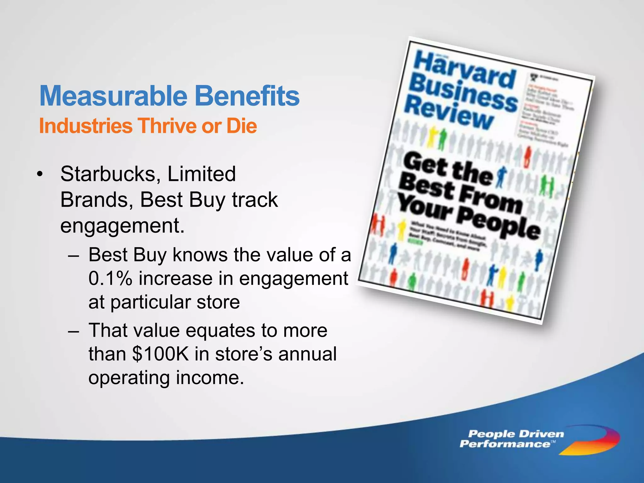Measurable Benefits
Industries Thrive or Die

• Starbucks, Limited
  Brands, Best Buy track
  engagement.
   – Best Buy knows the value of a
     0.1% increase in engagement
     at particular store
   – That value equates to more
     than $100K in store’s annual
     operating income.
 