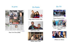 In print On TVOn Radio
New York Post (250k)
Yahoo Finance (131k)
Today Show (NBC) (2.5
million)
Virgin Radio Canada (7.8k)
ESPN Radio (59k)
WKRC Radio (79k)
E!News (3 million)
 