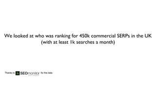We looked at who was ranking for 450k commercial SERPs in the UK
(with at least 1k searches a month)
Thanks to for the data
 