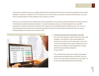 MEASURING TRAINING
                                                                                                                                    EFFECTIVENESS




If the learner is confident and right, you probably solidify the learning experience for them (as much as 95% according to the few studies
available). If the learner is confident in his or her answer but he or she is wrong, you may have a problem with the training, or you may
need to reroute the learner to other materials to clear up learner’s confusion.



Either way, it is a simple process to implement this method of assessment, and it provides excellent information for proving the value of
the training with pre-planned reporting mechanisms. It is great for leadership training, and medical institutions have used CBM
assessments in medical training (where uncertainty in the answers can have potentially disastrous effects) for years. The Level 1 (or
smile sheet) assessments come back with tremendously positive responses as well, because the assessments serve the purpose
of taking ambiguity on the content out of a learner’s mind.


                                                                         3. Can learners perform the trained tasks on the job?
                                                                             Have you set up preplanned support mechanisms online, with
                                                                             managers, in job aids and in work process alignment to
                                                                             ensure they can perform once the intervention is over? If so,
                                                                             can the line managers give you metrics obtained prior to the
                                                                             training? Did you design your learning objectives, modules
                                                                             and formative assessments in alignment
                                                                             to those metrics?


                                                                             If so, post-intervention performance ratings and appraisals
                                                                             should easily demonstrate learners can perform on the job,
                                                                             and you should see metrics improvements as well. Again, not
                                                                             so hard, and easily defensible with proper planning.




                                                                                                                                                15  Page
 