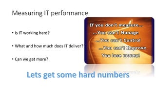 Measuring IT performance
• Is IT working hard?
• What and how much does IT deliver?
• Can we get more?
 