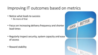 Improving IT outcomes based on metrics
• Notice what leads to success
• Do more of that
• Focus on increasing delivery frequency and shorter
lead times
• Regularly inspect security, system capacity and ease
of access
• Reward stability
 
