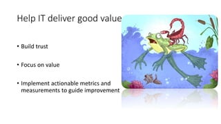Help IT deliver good value
• Build trust
• Focus on value
• Implement actionable metrics and
measurements to guide improvement
 