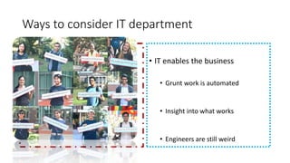 Ways to consider IT department
• IT is a cost center
• It is expensive and always asking
for more
• It overpromises and under-
delivers
• Engineers are weird
• IT enables the business
• Grunt work is automated
• Insight into what works
• Engineers are still weird
 