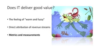 Does IT deliver good value?
• The feeling of “warm and fuzzy”
• Direct attribution of revenue streams
• Metrics and measurements
 