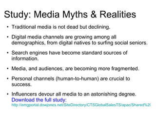 Study: Media Myths & Realities <ul><li>Traditional media is not dead but declining.  </li></ul><ul><li>Digital media chann...