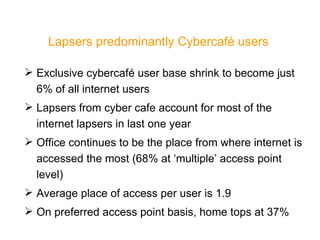 Lapsers predominantly Cybercafé users  <ul><li>Exclusive cybercafé user base shrink to become just 6% of all internet user...