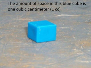 The amount of space in this blue cube is one cubic centimeter (1 cc)