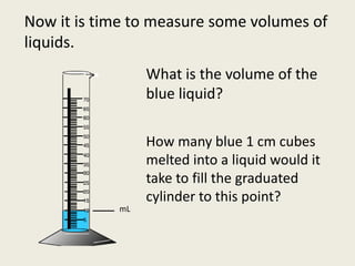 Now it is time to measure some volumes of liquids.What is the volume of the blue liquid?How many blue 1 cm cubes melted into a liquid would it  take to fill the graduated cylinder to this point?mL