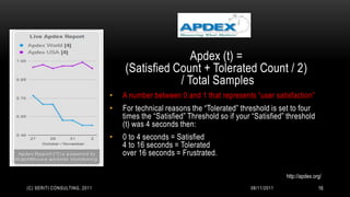 Apdex (t) =
                                  (Satisfied Count + Tolerated Count / 2)
                                              / Total Samples
                              •   A number between 0 and 1 that represents “user satisfaction”
                              •   For technical reasons the “Tolerated” threshold is set to four
                                  times the “Satisfied” Threshold so if your “Satisfied” threshold
                                  (t) was 4 seconds then:
                              •   0 to 4 seconds = Satisfied
                                  4 to 16 seconds = Tolerated
                                  over 16 seconds = Frustrated.

                                                                                         http://apdex.org/
(C) SERITI CONSULTING, 2011                                                 08/11/2011                  16
 