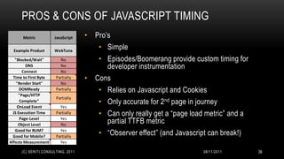 PROS & CONS OF JAVASCRIPT TIMING
      Metric           JavaScript   • Pro’s
  Example Product      WebTuna
                                       • Simple
   "Blocked/Wait"        No            • Episodes/Boomerang provide custom timing for
         DNS             No               developer instrumentation
       Connect           No
  Time to First Byte   Partially    • Cons
    "Render Start"       No
      DOMReady         Partially       • Relies on Javascript and Cookies
     "Page/HTTP
                       Partially
      Complete"                        • Only accurate for 2 nd page in journey
    OnLoad Event         Yes
  JS Execution Time    Partially       • Can only really get a “page load metric” and a
      Page-Level
     Object Level
                         Yes
                         No
                                          partial TTFB metric
   Good for RUM?
  Good for Mobile?
                         Yes
                       Partially
                                       • “Observer effect” (and Javascript can break!)
Affects Measurement      Yes

      (C) SERITI CONSULTING, 2011                                        08/11/2011       36
 