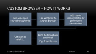 CUSTOM BROWSER – HOW IT WORKS
                                                         Add custom
      Take some open           Like WebKit or the    instrumentation for
    source browser code         Android Browser         performance
                                                        measurement



                              Send the timing back
          Get users to             to collector
           install it…
                               E.g. 3pmobile.com


(C) SERITI CONSULTING, 2011                           08/11/2011           46
 