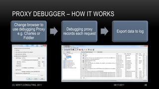 PROXY DEBUGGER – HOW IT WORKS
 Change browser to
use debugging Proxy             Debugging proxy
                                                       Export data to log
   e.g. Charles or            records each request
       Fiddler




(C) SERITI CONSULTING, 2011                          08/11/2011             48
 