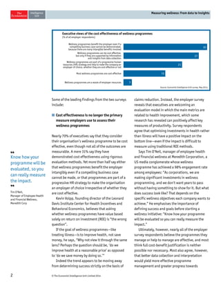 Executive views of the cost effectiveness of wellness programmes 
(% of all employer respondents) 
2 © The Economist Intelligence Unit Limited 2014 
Measuring wellness: From data to insights 
Some of the leading findings from the two surveys 
include: 
n Cost effectiveness is no longer the primary 
measure employers use to assess their 
wellness programmes 
Nearly 70% of executives say that they consider 
their organisation’s wellness programme to be cost 
effective, even though not all of the outcomes are 
measurable. A mere 31% say they have 
demonstrated cost effectiveness using rigorous 
evaluation methods. Yet more than half say either 
that wellness programmes benefit the employer 
intangibly even if a compelling business case 
cannot be made, or that programmes are part of a 
progressive HR strategy to make the organisation 
an employer of choice irrespective of whether they 
are cost effective. 
Kevin Volpp, founding director of the Leonard 
Davis Institute Center for Health Incentives and 
Behavioral Economics, believes that asking 
whether wellness programmes have value based 
solely on return on investment (ROI) is “the wrong 
question”. 
If the goal of wellness programmes—like 
treating illness—is to improve health, not save 
money, he says, “Why not view it through the same 
lens? Perhaps the question should be, ‘do we 
improve health at a reasonable price’ as opposed 
to ‘do we save money by doing so.’” 
Indeed the trend appears to be moving away 
from determining success strictly on the basis of 
30 
27 
21 
15 
claims reduction. Instead, the employer survey 
reveals that executives are welcoming an 
evaluation model in which the main metrics are 
related to health improvement, which some 
research has revealed can positively affect key 
measures of productivity. Survey respondents 
agree that optimising investments in health rather 
than illness will have a positive impact on the 
bottom line—even if the impact is difficult to 
measure using traditional ROI methods. 
Says Tim O’Neil, manager of employee health 
and financial wellness at Meredith Corporation, a 
US media conglomerate whose wellness 
programme has achieved a 98% engagement rate 
among employees: “As corporations, we are 
making significant investments in wellness 
programming, and we don’t want years to pass 
without having something to show for it. But what 
does success look like? That depends on the 
specific wellness objectives each company wants to 
achieve.” He emphasises the importance of 
defining success and goals before starting a 
wellness initiative: “Know how your programme 
will be evaluated so you can really measure the 
impact.” 
Ultimately, however, nearly all of the employer 
survey respondents believe the programmes they 
manage or help to manage are effective, and most 
think full cost-benefit justification is neither 
possible nor necessary. Most also agree, however, 
that better data collection and interpretation 
would yield more effective programme 
management and greater progress towards 
Wellness programmes benefit the employer even if a 
compelling business case cannot be demonstrated, 
because there are many intangible benefits involved 
Wellness programmes can be cost effective, 
but only if they are supported by information 
and insights from data collection 
Wellness programmes are part of a progressive human 
resources (HR) strategy and help to make the company an 
employer of choice, whether they are cost effective or not 
Most wellness programmes are cost effective 
Wellness programmes are a waste of employer resources 
Source: Economist Intelligence Unit survey, May 2014. 
3 
❛❛ 
Know how your 
programme will be 
evaluated, so you 
can really measure 
the impact. 
❜❜ 
Tim O’Neil, 
Manager of Employee Health 
and Financial Wellness, 
Meredith Corp 
 