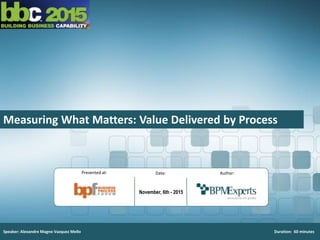1 I
Measuring What Matters: Value Delivered by Process
Speaker: Alexandre Magno Vazquez Mello Duration: 60 minutes
Author:Date:Presented at:
November, 6th - 2015
 