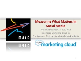 Measuring What Matters in
        Social Media
        Presented October 18, 2012 with
         Salesforce Marketing Cloud by
Eric Swayne - Director, Social Analytics & Insights




                                               1
 