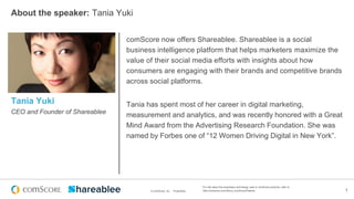 About the speaker: Tania Yuki
comScore now offers Shareablee. Shareablee is a social
business intelligence platform that helps marketers maximize the
value of their social media efforts with insights about how
consumers are engaging with their brands and competitive brands
across social platforms.

Tania Yuki
CEO and Founder of Shareablee

Tania has spent most of her career in digital marketing,
measurement and analytics, and was recently honored with a Great
Mind Award from the Advertising Research Foundation. She was
named by Forbes one of “12 Women Driving Digital in New York”.

© comScore, Inc.

Proprietary.

For info about the proprietary technology used in comScore products, refer to
http://comscore.com/About_comScore/Patents

1

 