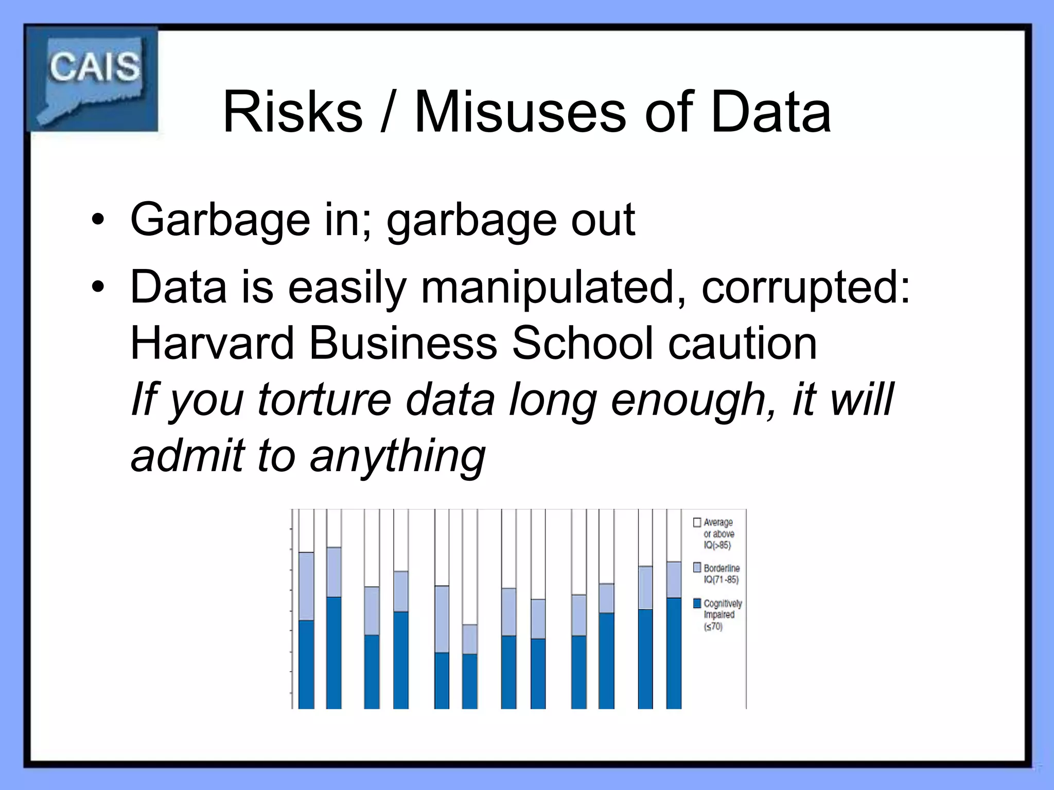 Risks / Misuses of Data
• Garbage in; garbage out
• Data is easily manipulated, corrupted:
  Harvard Business School caution
  If you torture data long enough, it will
  admit to anything
 