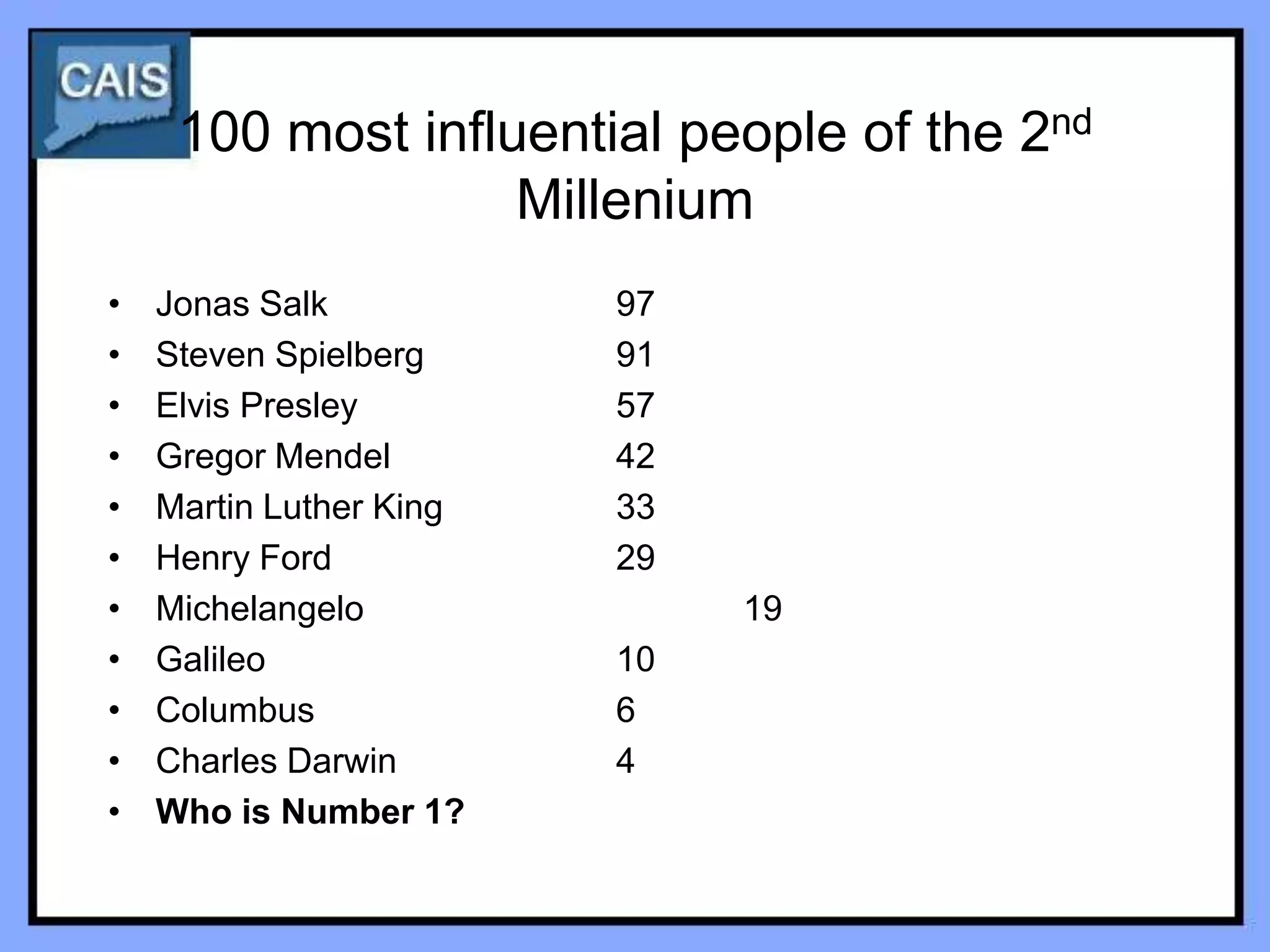 100 most influential people of the 2nd
                   Millenium
•   Jonas Salk           97
•   Steven Spielberg     91
•   Elvis Presley        57
•   Gregor Mendel        42
•   Martin Luther King   33
•   Henry Ford           29
•   Michelangelo              19
•   Galileo              10
•   Columbus             6
•   Charles Darwin       4
•   Who is Number 1?
 
