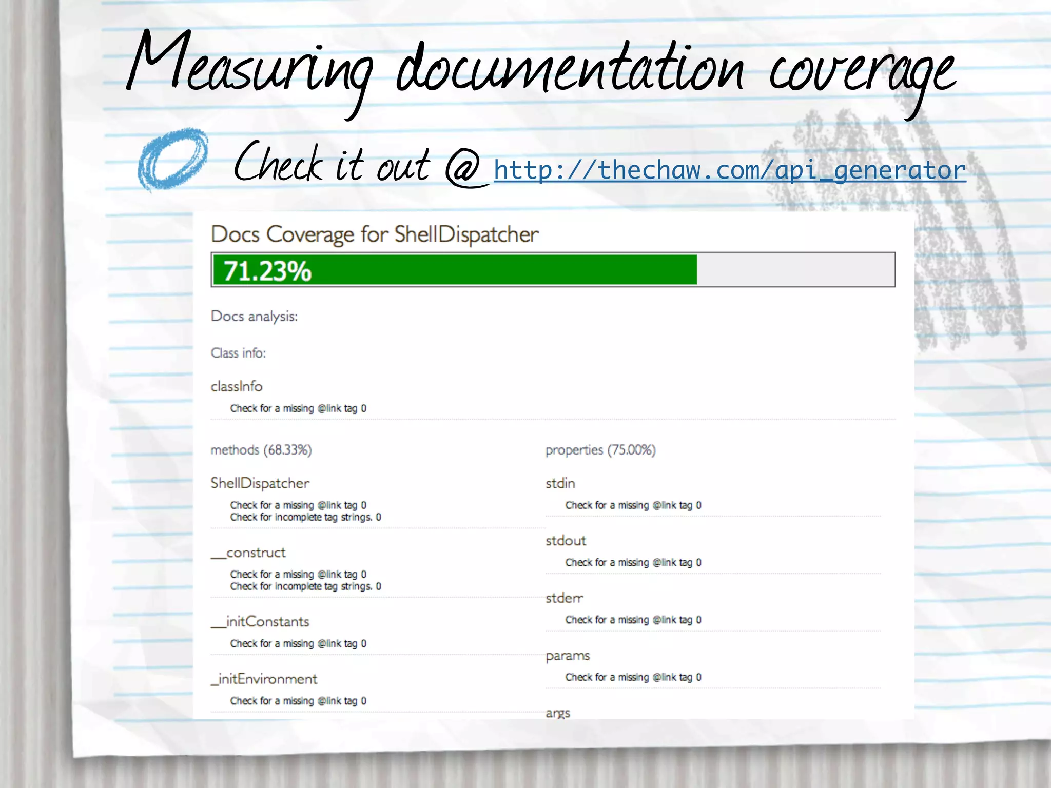 Measuring documentation coverage
    Check it out @   http://thechaw.com/api_generator
 