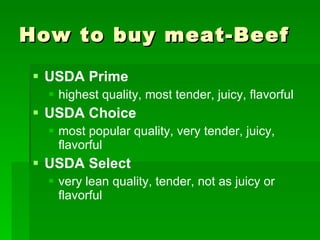 How to buy meat-Beef USDA Prime highest quality, most tender, juicy, flavorful USDA Choice most popular quality, very tender, juicy, flavorful USDA Select very lean quality, tender, not as juicy or flavorful 