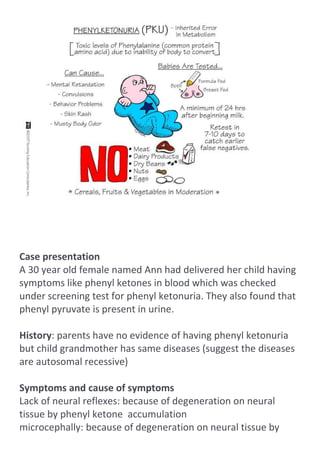 Case presentation
A 30 year old female named Ann had delivered her child having
symptoms like phenyl ketones in blood which was checked
under screening test for phenyl ketonuria. They also found that
phenyl pyruvate is present in urine.
History: parents have no evidence of having phenyl ketonuria
but child grandmother has same diseases (suggest the diseases
are autosomal recessive)
Symptoms and cause of symptoms
Lack of neural reflexes: because of degeneration on neural
tissue by phenyl ketone accumulation
microcephally: because of degeneration on neural tissue by

 