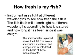 How fresh is my fish? Instrument uses light at different wavelengths to see how fresh the fish is. The fish flesh will absorb light at different wavelengths according to how it is stored and how long it has been since it was caught.  The spectrometer is placed above the fillet. The colour spectrum is measured and storage time is calculated on the basis of these measurements. 