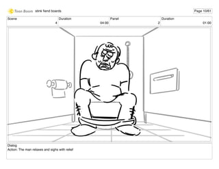 Scene
4
Duration
04:00
Panel
2
Duration
01:00
Dialog
Action: The man relaxes and sighs with relief
stink ﬁend boards Page 10/61
 