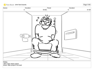 Scene
4
Duration
04:00
Panel
3
Duration
01:00
Dialog
*SFX: Door slams opens
Action: Man jumps in his seat
stink ﬁend boards Page 11/61
 