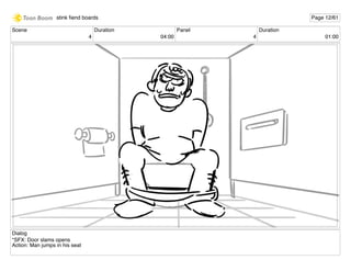 Scene
4
Duration
04:00
Panel
4
Duration
01:00
Dialog
*SFX: Door slams opens
Action: Man jumps in his seat
stink ﬁend boards Page 12/61
 