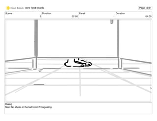 Scene
5
Duration
02:00
Panel
1
Duration
01:00
Dialog
Man: No shoes in the bathroom? Disgusting.
stink ﬁend boards Page 13/61
 