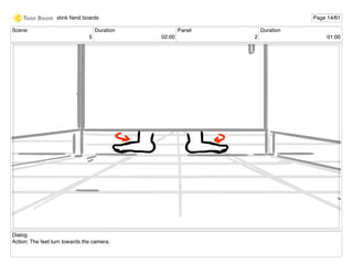 Scene
5
Duration
02:00
Panel
2
Duration
01:00
Dialog
Action: The feet turn towards the camera.
stink ﬁend boards Page 14/61
 