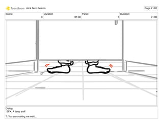 Scene
9
Duration
01:00
Panel
1
Duration
01:00
Dialog
*SFX: A deep sniff
?: You are making me wait...
stink ﬁend boards Page 21/61
 