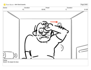 Scene
10
Duration
03:00
Panel
3
Duration
01:00
Dialog
Action: He wipes his face
stink ﬁend boards Page 24/61
 
