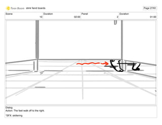 Scene
10
Duration
02:00
Panel
2
Duration
01:00
Dialog
Action: The feet walk off to the right.
*SFX: skittering
stink ﬁend boards Page 27/61
 