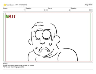 Scene
11
Duration
01:13
Panel
2
Duration
00:14
Dialog
Action: The mans eyes follow the feet off screen
*SFX: door slamming open (OS)
stink ﬁend boards Page 29/61
 