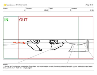 Scene
12
Duration
03:00
Panel
2
Duration
01:00
Dialog
?: Worse yet. You become constipated. From there your music seizes to exist. Causing blistering hemroids in your ass that pop and leave
read juice in youre stool. So I ask you again.
stink ﬁend boards Page 31/61
 