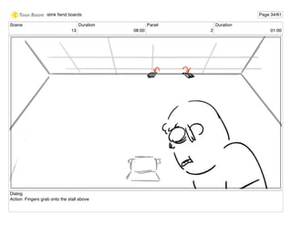 Scene
13
Duration
08:00
Panel
2
Duration
01:00
Dialog
Action: Fingers grab onto the stall above
stink ﬁend boards Page 34/61
 
