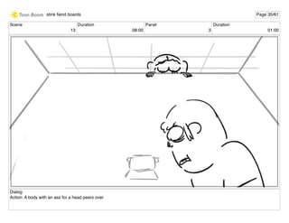 Scene
13
Duration
08:00
Panel
3
Duration
01:00
Dialog
Action: A body with an ass for a head peers over
stink ﬁend boards Page 35/61
 
