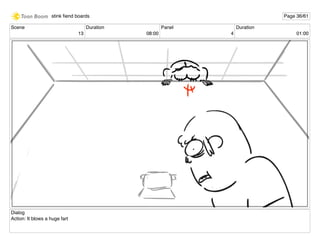 Scene
13
Duration
08:00
Panel
4
Duration
01:00
Dialog
Action: It blows a huge fart
stink ﬁend boards Page 36/61
 