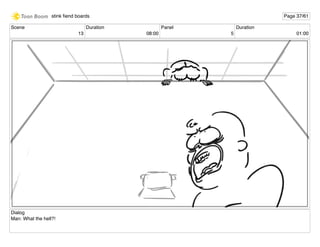 Scene
13
Duration
08:00
Panel
5
Duration
01:00
Dialog
Man: What the hell?!
stink ﬁend boards Page 37/61
 