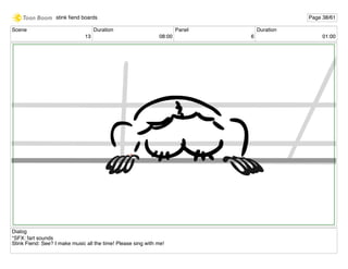 Scene
13
Duration
08:00
Panel
6
Duration
01:00
Dialog
*SFX: fart sounds
Stink Fiend: See? I make music all the time! Please sing with me!
stink ﬁend boards Page 38/61
 