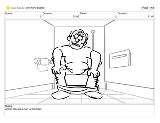 Scene
2
Duration
02:00
Panel
2
Duration
01:00
Dialog
Action: Reveal a man on the toilet
stink ﬁend boards Page 4/61
 