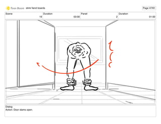 Scene
19
Duration
03:00
Panel
2
Duration
01:00
Dialog
Action: Door slams open.
stink ﬁend boards Page 47/61
 