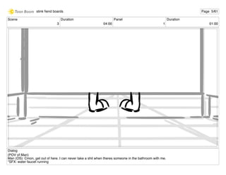 Scene
3
Duration
04:00
Panel
1
Duration
01:00
Dialog
(POV of Man)
Man (OS): Cmon, get out of here. I can never take a shit when theres someone in the bathroom with me.
*SFX: water faucet running
stink ﬁend boards Page 5/61
 