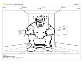 Scene
21
Duration
01:00
Panel
1
Duration
01:00
Dialog
*SFX: Man screaming
Action: The man starts to shit himself
stink ﬁend boards Page 51/61
 