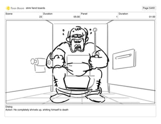 Scene
23
Duration
05:00
Panel
1
Duration
01:00
Dialog
Action: He completely shrivels up, shitting himself to death
stink ﬁend boards Page 54/61
 