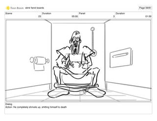 Scene
23
Duration
05:00
Panel
3
Duration
01:00
Dialog
Action: He completely shrivels up, shitting himself to death
stink ﬁend boards Page 56/61
 